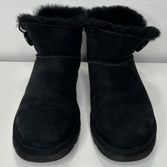UGG Black Suede Furry Mini Bailey Button Ankle Boot 6 - Picture 2 of 15